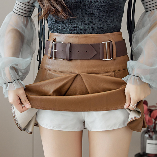 Brown black Leather pleated skirt for women girls restoring ancient ways PU leather mini skirt high waist spice the a-line skirts