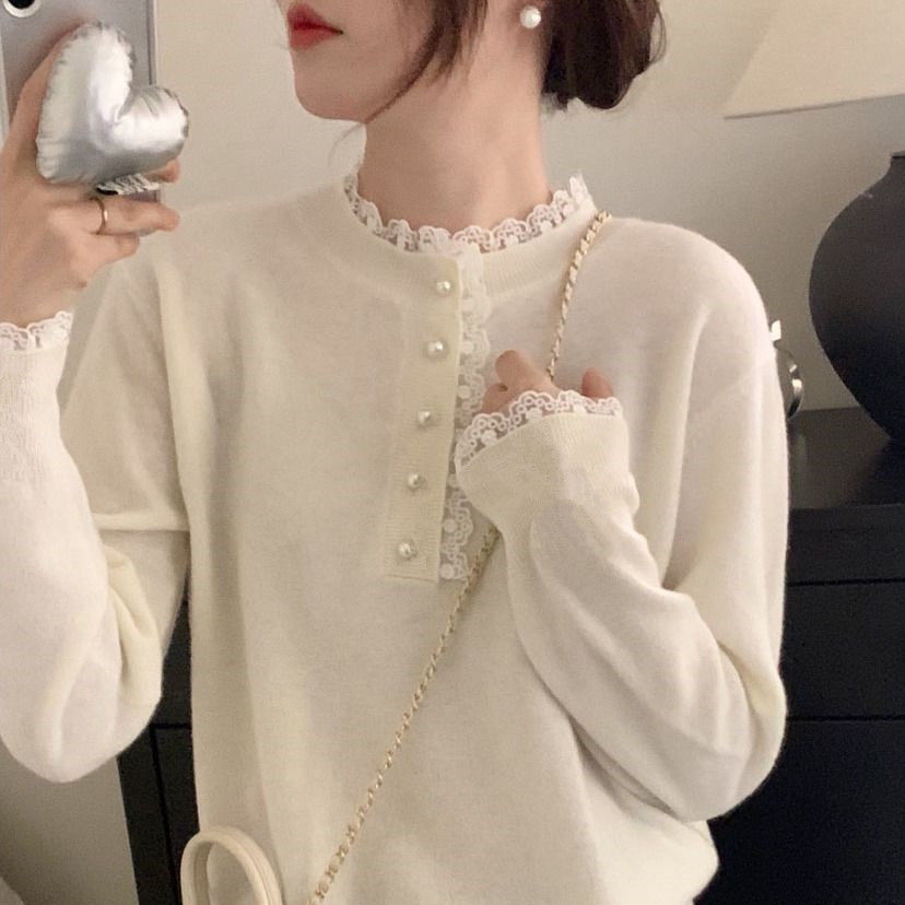 Lace Splicing Half Turtleneck German Velvet Warm Base Layer Shirt for Women in Autumn and Winter New Design with Slimming Look T-Shirt Top