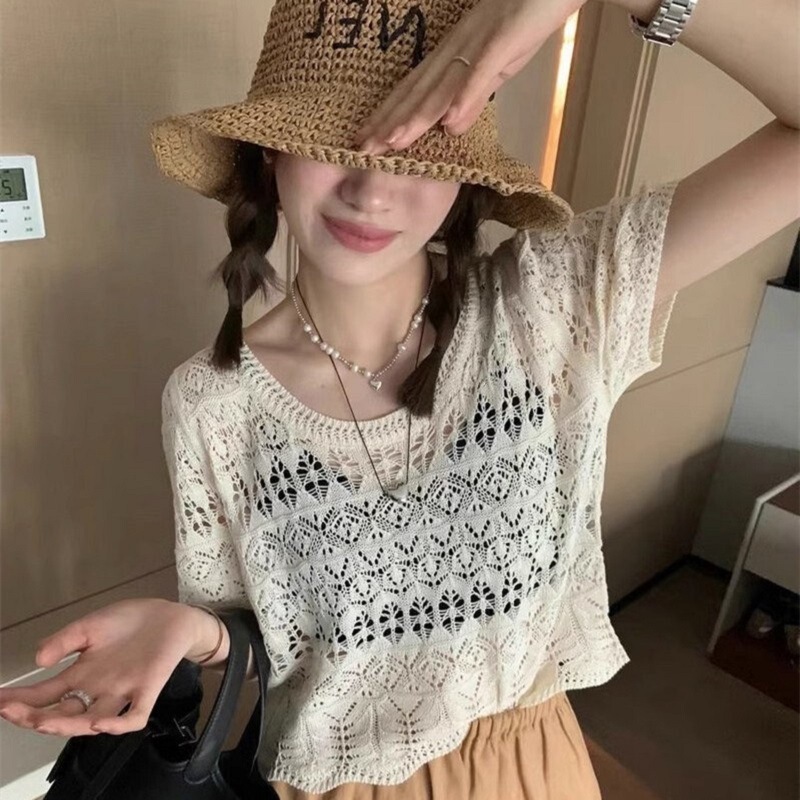 Summer Sweet Girl-style Crochet Short-sleeved Thin Knitted Sweater Fresh Outer Hollow-out Blouse Crewneck Short Top