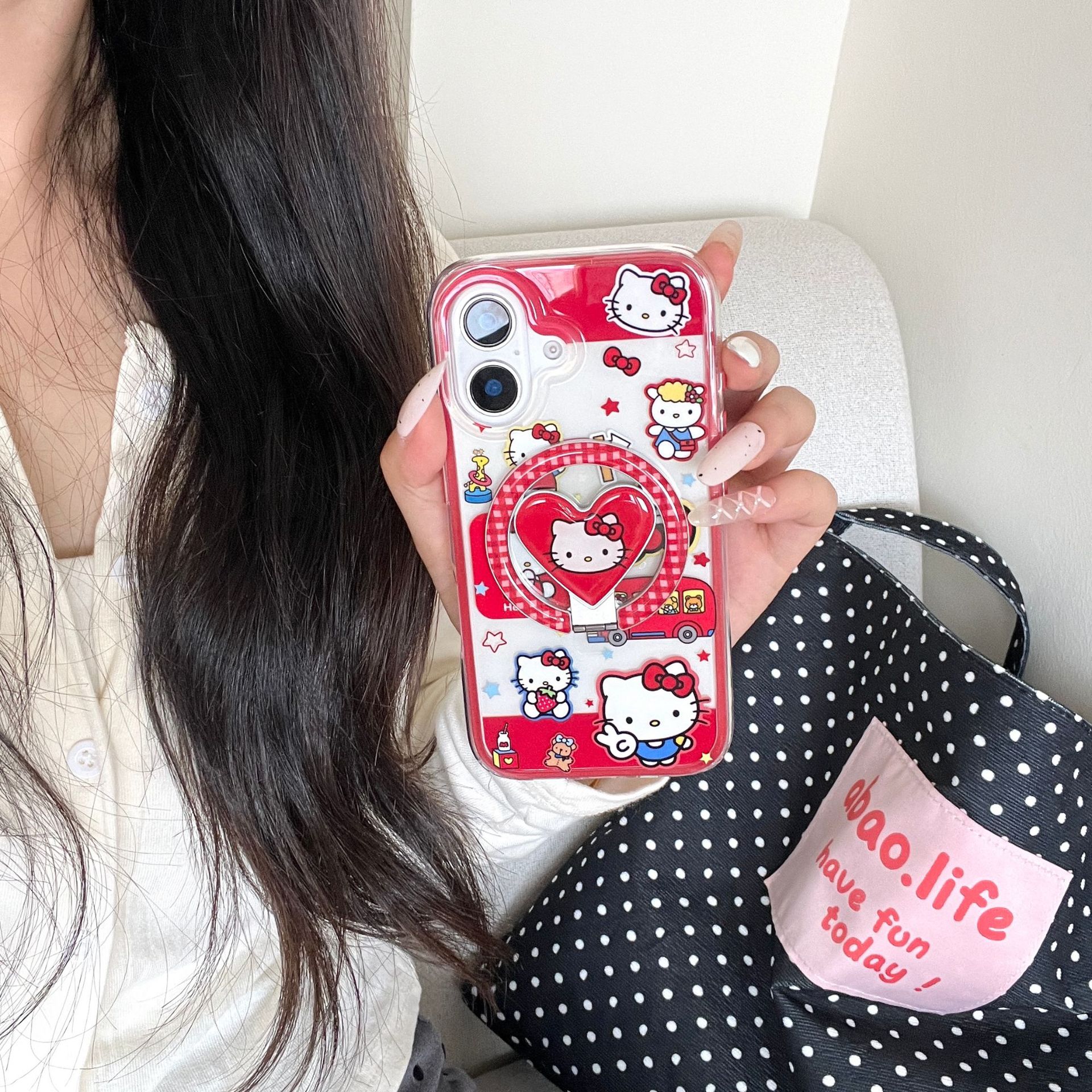 Dibujos animados lindo patrón de cuadrícula rojo amor KT gato para Apple 16ProMax funda para teléfono móvil 15Pro atracción magnética 14/13 nuevo