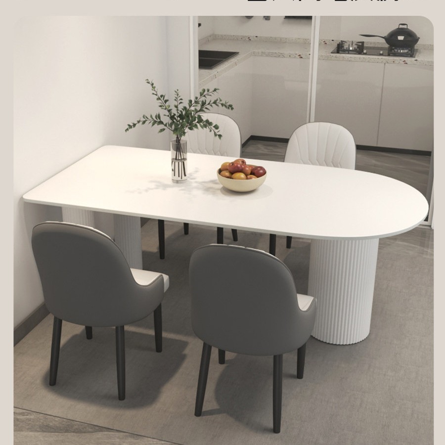 Mesa de comedor de estilo francés de estilo crema, mesa de esquina redondeada rectangular, combinación de mesa de comedor y silla doméstica moderna y simple