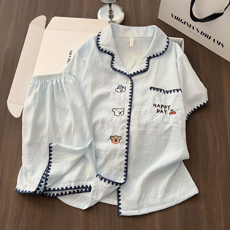 Short-Sleeved Girls' Lapel Pajamas, Cute Cartoon Cloud Cotton Two-Piece Set That Can Be Worn Outside, Women's Shorts, Casual Home Wear Short-Sleeved Girls' Lapel Pajamas, Cute Cartoon Cloud Cotton Two-Piece Set That Can Be Worn Outside, Women's Shorts, Casual Home Wear