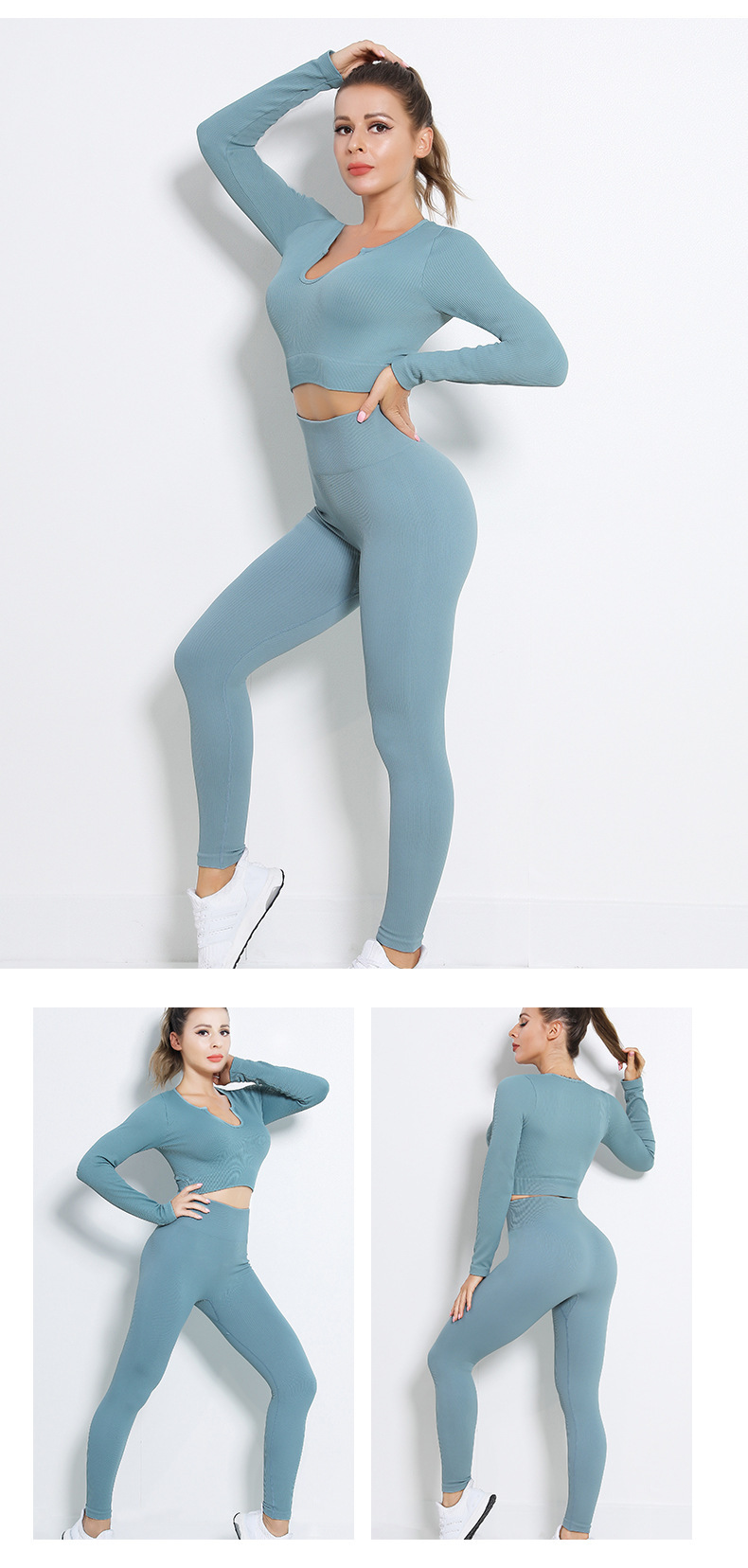 traje de yoga con hilo de color sólido sin costuras de manga larga con cuello en U de alta elasticidad para levantamiento de cadera NSYWH139362