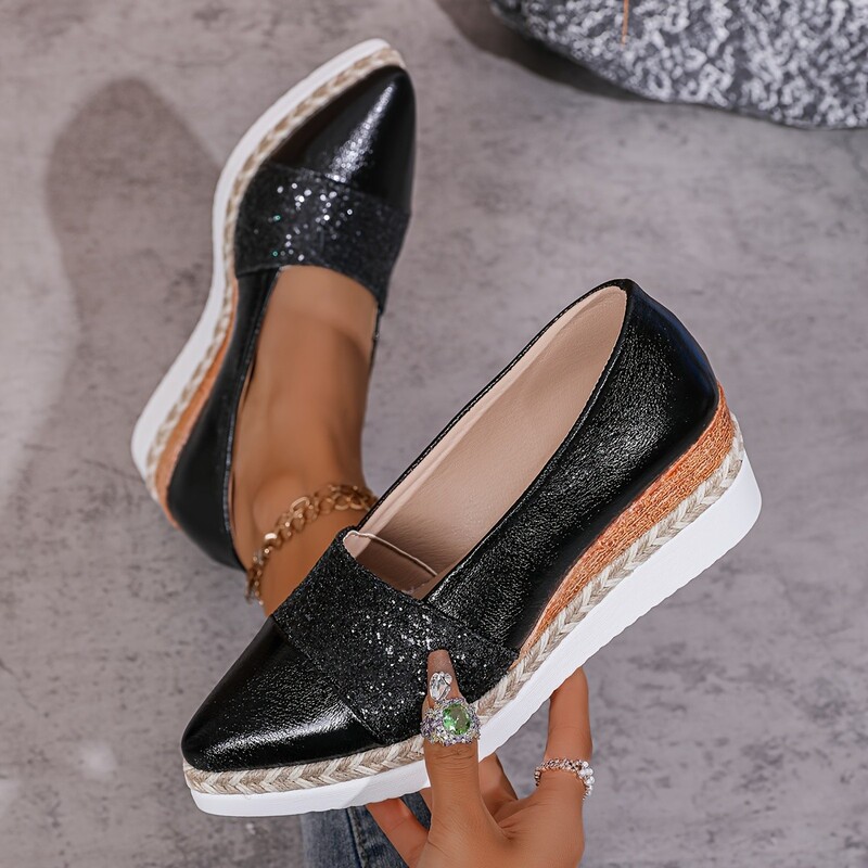 Autumn New Style Pointed Toe Sequin Wedge Shoes with Cross-Border Hemp Rope Sole, Slip-On Platform Shoes, Large Size Women's Shoes 2026 Autumn New Style Pointed Toe Sequin Wedge Shoes with Cross-Border Hemp Rope Sole, Slip-On Platform Shoes, Large Size Women's Shoes 2026