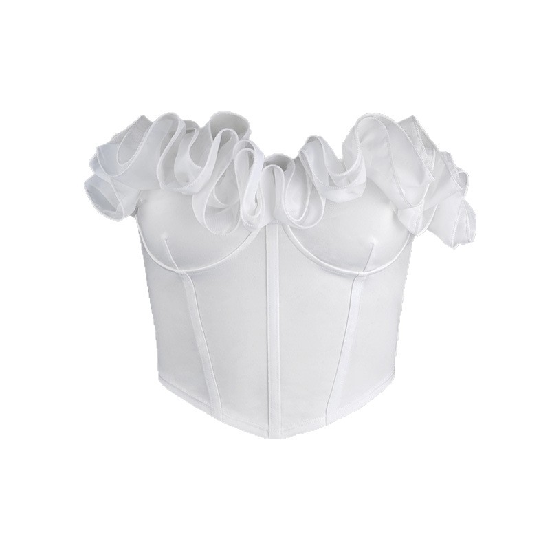 Sweet White Petal Trimmed Strapless French Retro Ruffled Top For Women Slimming Outer And Inner Wear_voghion.com