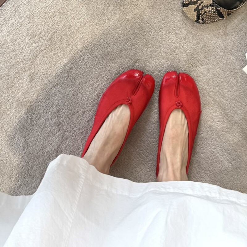 In-Stock Version~Unique Red Distressed Genuine Leather Pig-Toe Split-Toe Women's Ballet Mary Jane Shoes, Women's Evening Shoes
