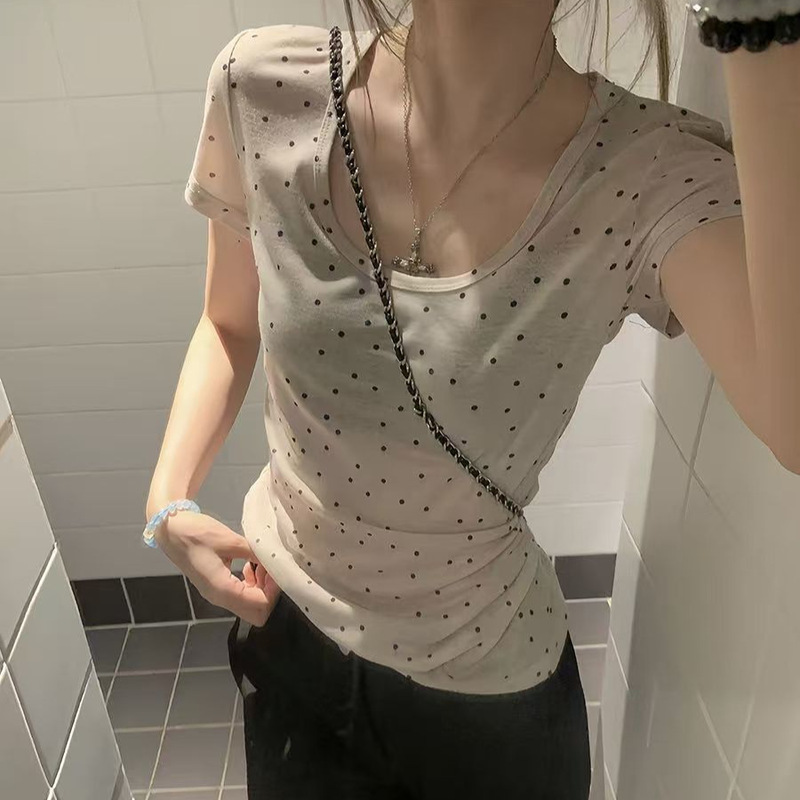薄款U领波点t恤女夏季新款灰色复古正肩修身显瘦短袖辣妹透感上衣|undefined