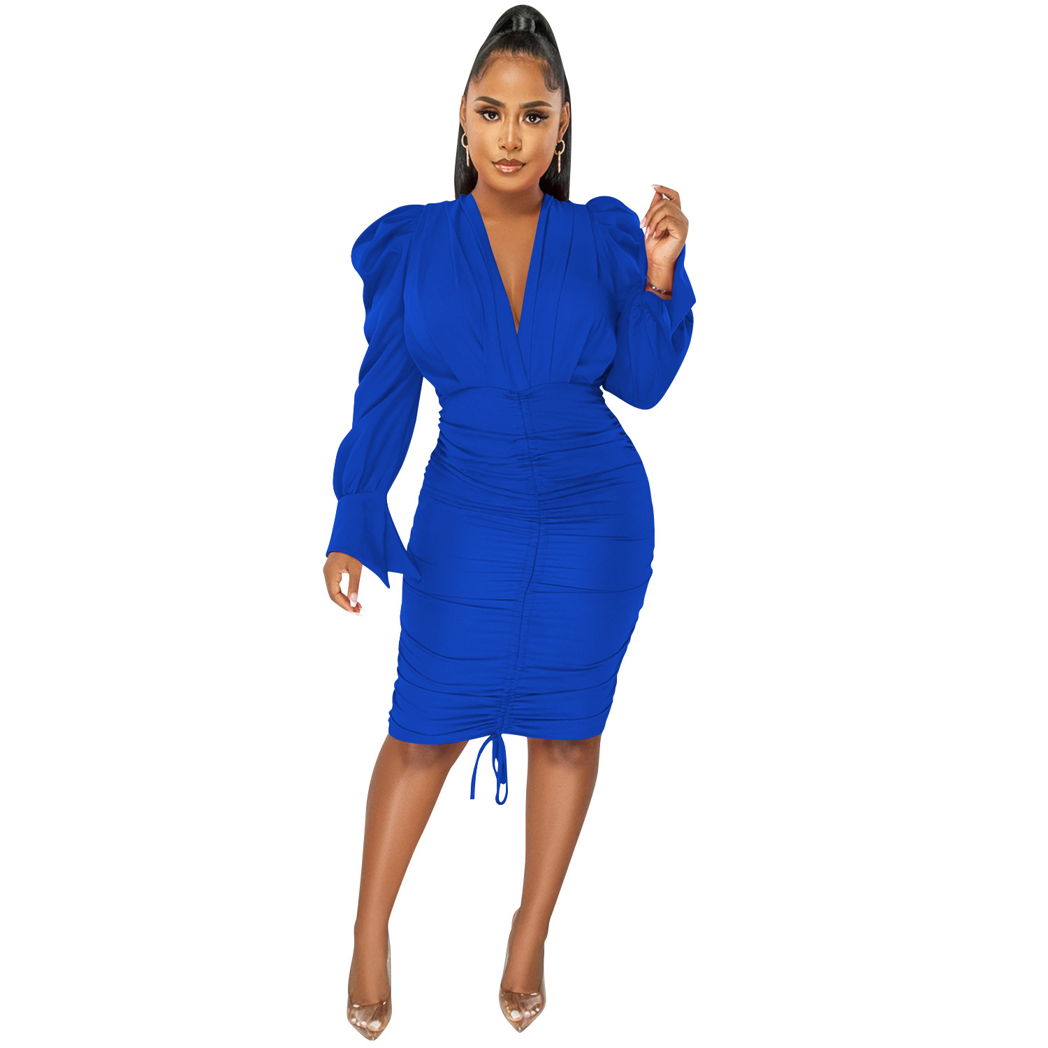 X5893 transfronteriza nueva Europa y América AliExpress Amazon Moda casual de color sólido de manga larga plisada con cuello en V vestido de las mujeres image 9
