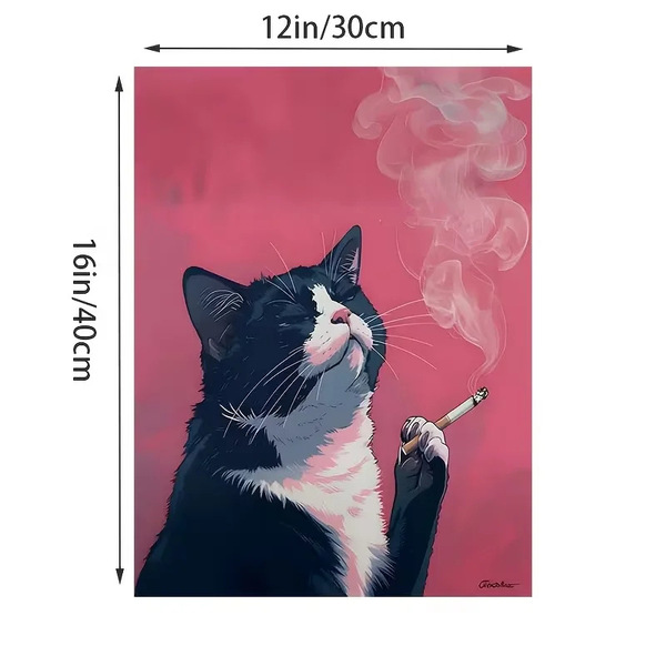 Smoking Cat Canvas Print Poster-Black Cat Theme Wall Art Decoration