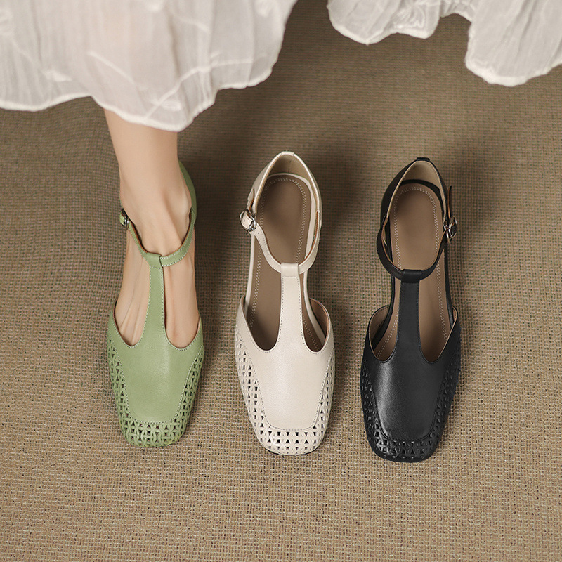 Sandal quai chữ T bít mũi da bò lớp đầu gót thô 4cm đục lỗ thoáng khí — Màu đen chi tiết 1