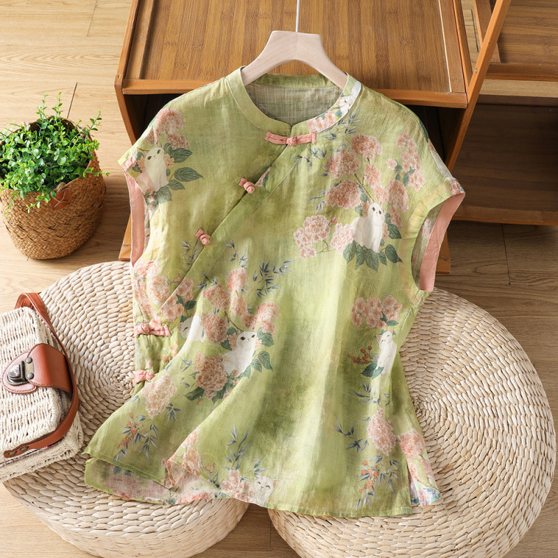 Real Shot of New Chinese-Style Diagonal-Collar Cotton and Linen Shirt, New Summer Relaxed Top with National Style Print for Women Real Shot of New Chinese-Style Diagonal-Collar Cotton and Linen Shirt, New Summer Relaxed Top with National Style Print for Women