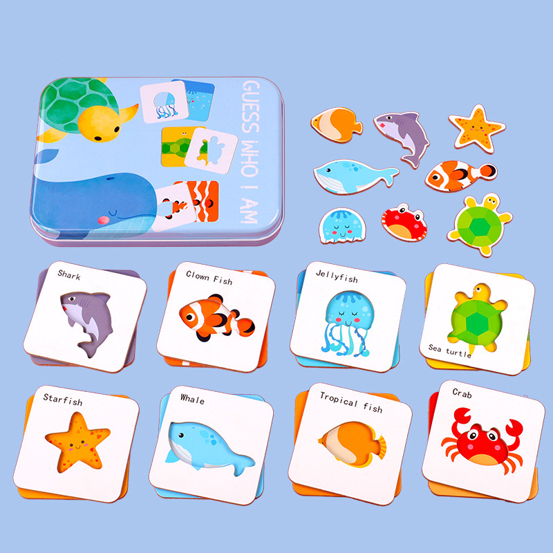Nuevo adivinar quién soy caja de hierro rompecabezas tráfico animal frutas y verduras emparejamiento infantil educación temprana cognitiva juego de rompecabezas