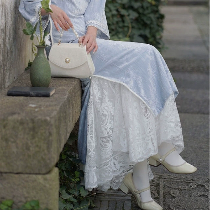Плюс-сайз чонсам с высокой талией, кружевная юбка-петтикоат с ажурными вставками, новая универсальная юбка-миди с длинной пышной юбкой.