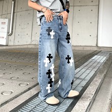 ✅新款克罗伈牛仔裤男款美式潮牌十字架宽松直筒休闲阔腿裤子男装
