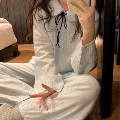韓国ins女性春秋新商品韓国版甘い人形襟かわいい波点家庭服パジャマセット卸売り