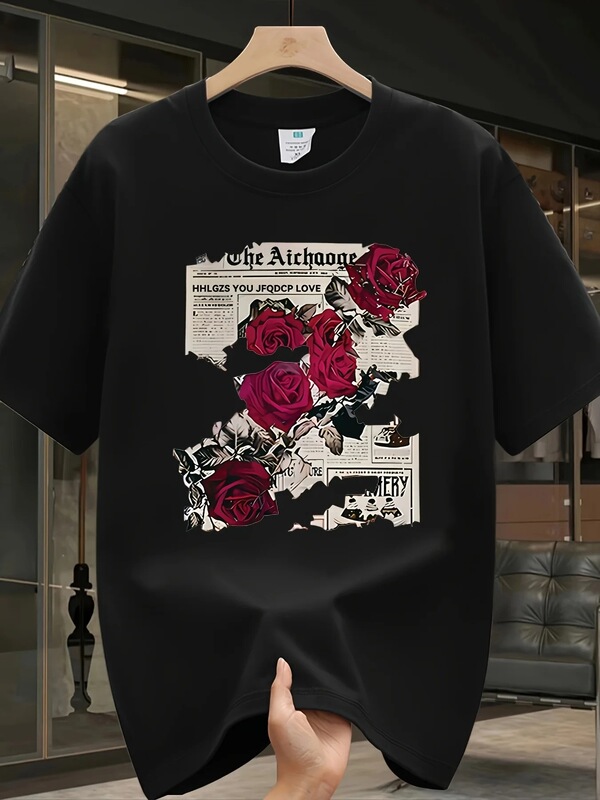 Men's Heavyweight Cotton T-Shirt - Gothic "Theachesbrothers" Rose Print Casual Crew Neck