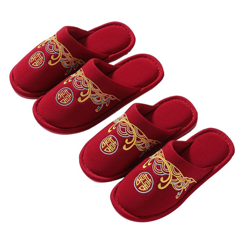Wedding slippers festive red pair of autumn and winter couples wedding winter home indoor bride wedding dowry slippers