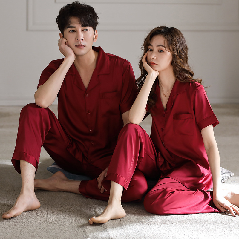 Couple's Wedding Pajamas Women's Silk Ice Silk Short-sleeved Trousers Bride's Festive Wedding Big Red Spring and Autumn Men's Suit