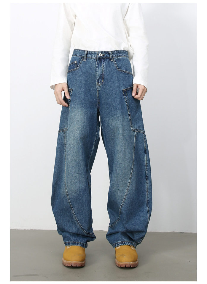 Quần jean nam ống rộng phong cách đường phố retro, nhiều túi hộp, dáng lỏng lẻo — Denim đen, Trắng, màu hồng, màu xanh chi tiết 37