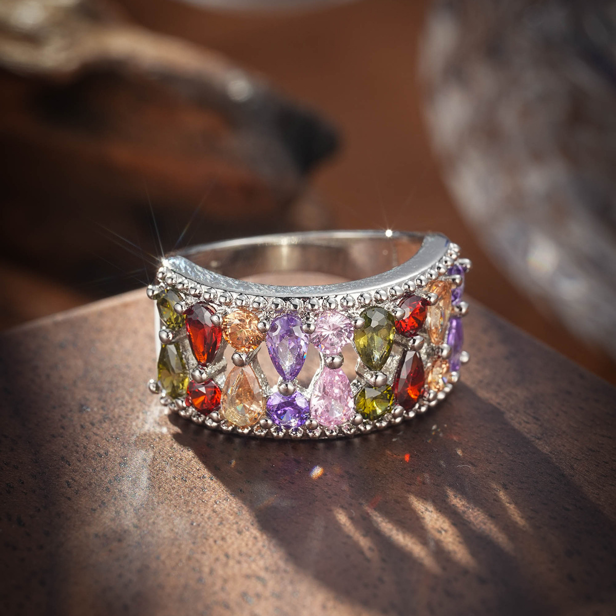 Colorful Rainbow Zircon Flower Ring For Women Adjustable Band_voghion.com