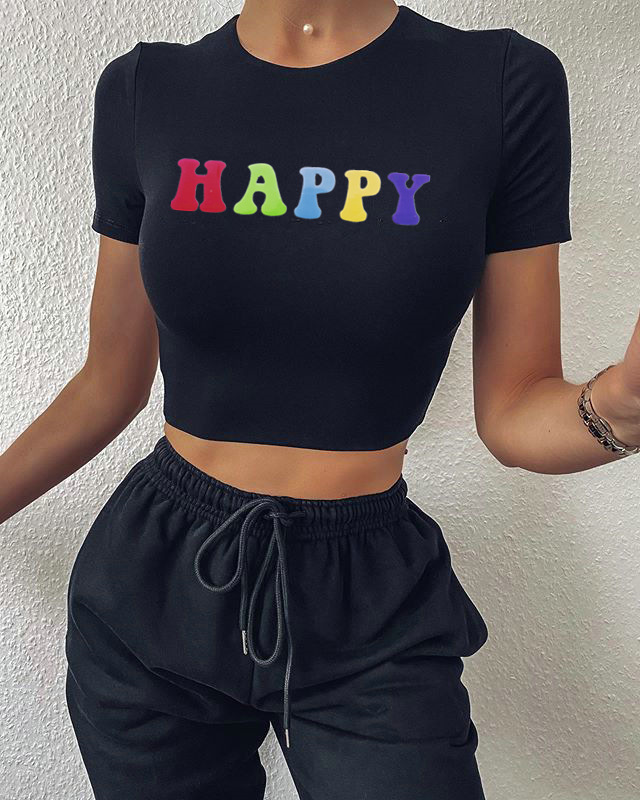 HAPPY letter printing short slim short-sleeved T-shirt NSOSY132075