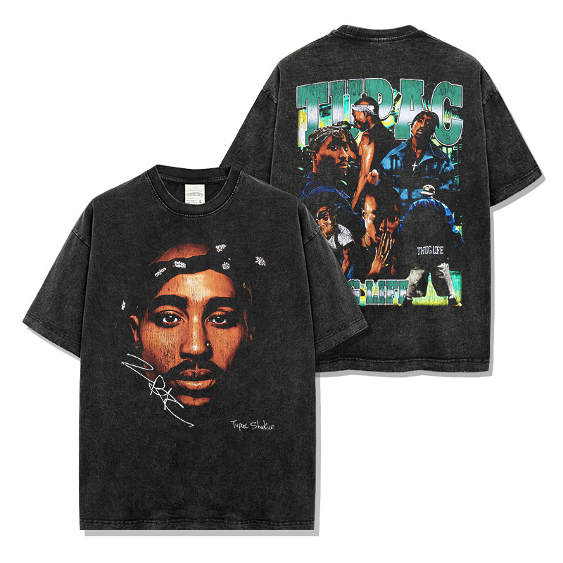 Cross-border American Hip Hop 2PAC TUPAC Printed Washed Short-sleeved T-shirt Crewneck Heavy Loose Hooded Sweatshirt for Men