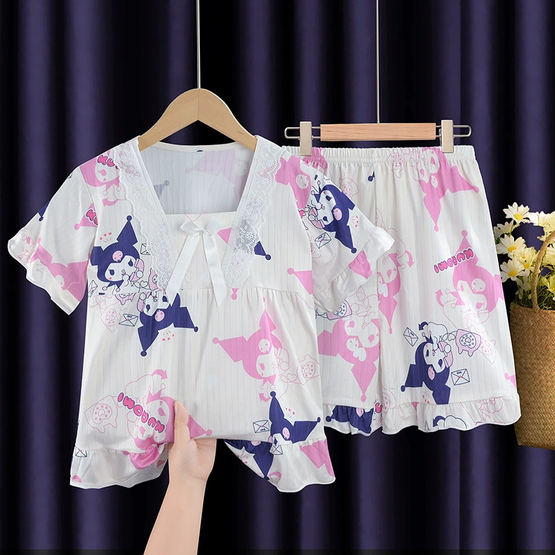 Children's summer cartoon thin pijama, set girl's, with short sleeve, for teenagers