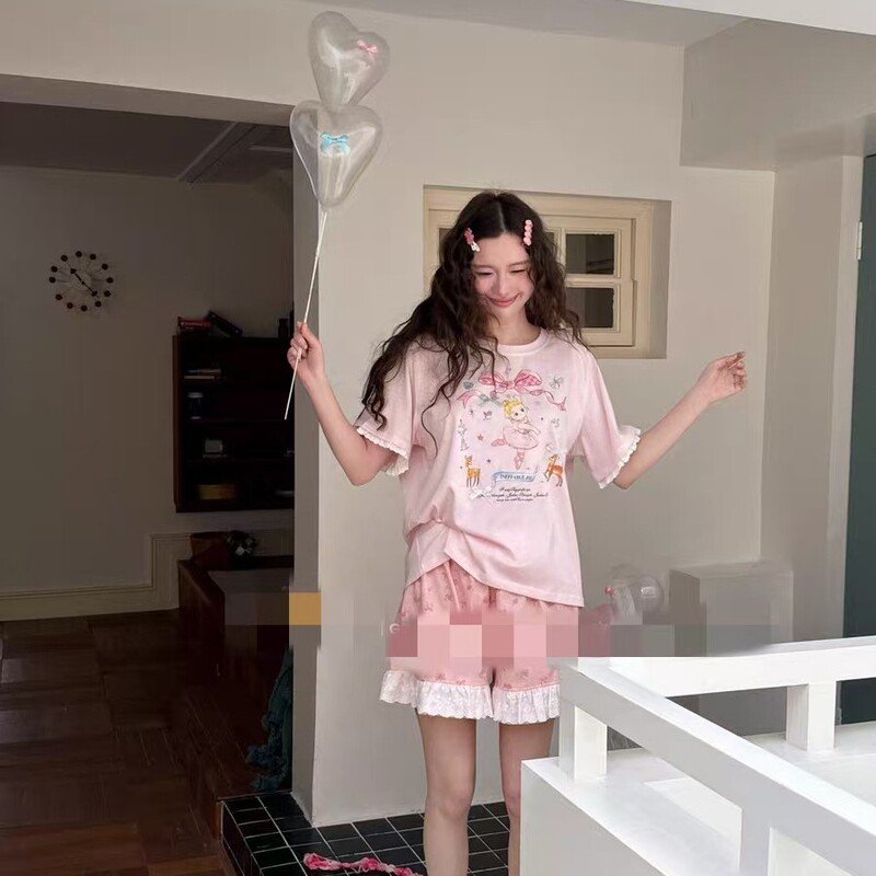New Summer Women's Cute Cartoon Dancing Girl Short-Sleeved Shorts Pajamas Home Wear Set That Can Be Worn Outside
