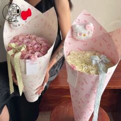 七夕KT猫一体式定型片冰淇淋甜筒包装纸粉色蝴蝶结鲜花店包花材料