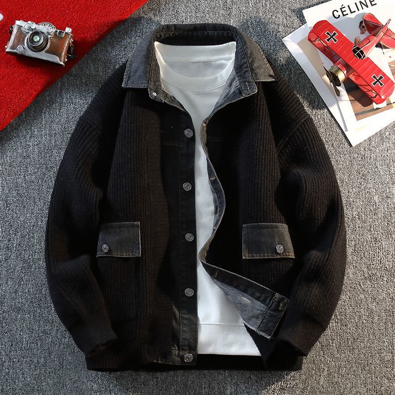 Denim Splicing Fake Two-Piece Cardigan Jacket Men's Autumn and Winter New Shirt Collar New Casual Loose Sweater
