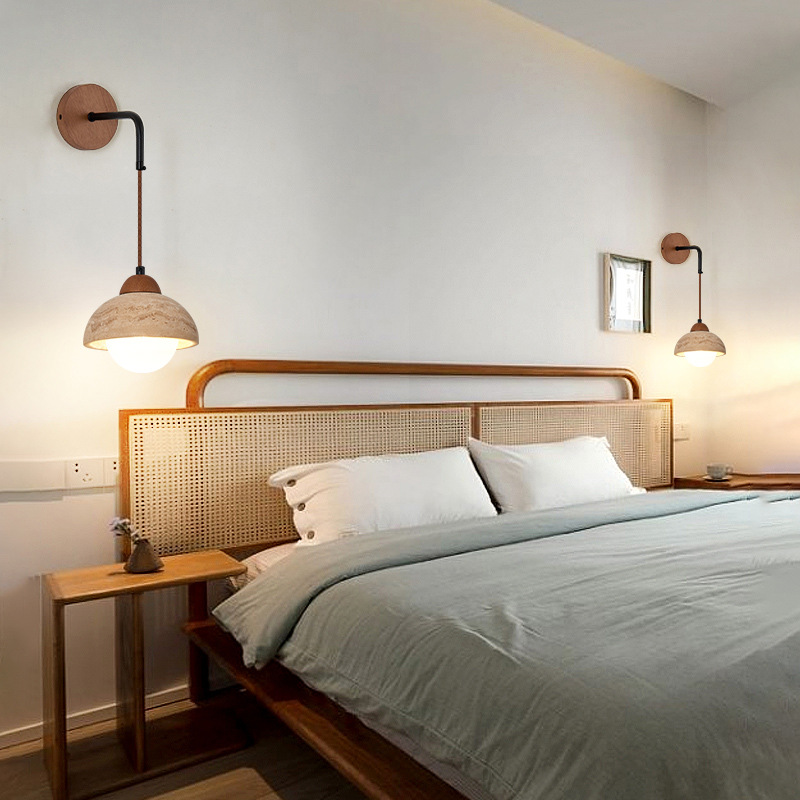 lámpara de pared de nuez cabeza de cama de madera de nuez amarilla sala de estar de madera de duraco estilo japonés retro dormitorio residencial nórdico cueva lámpara de pared de piedra