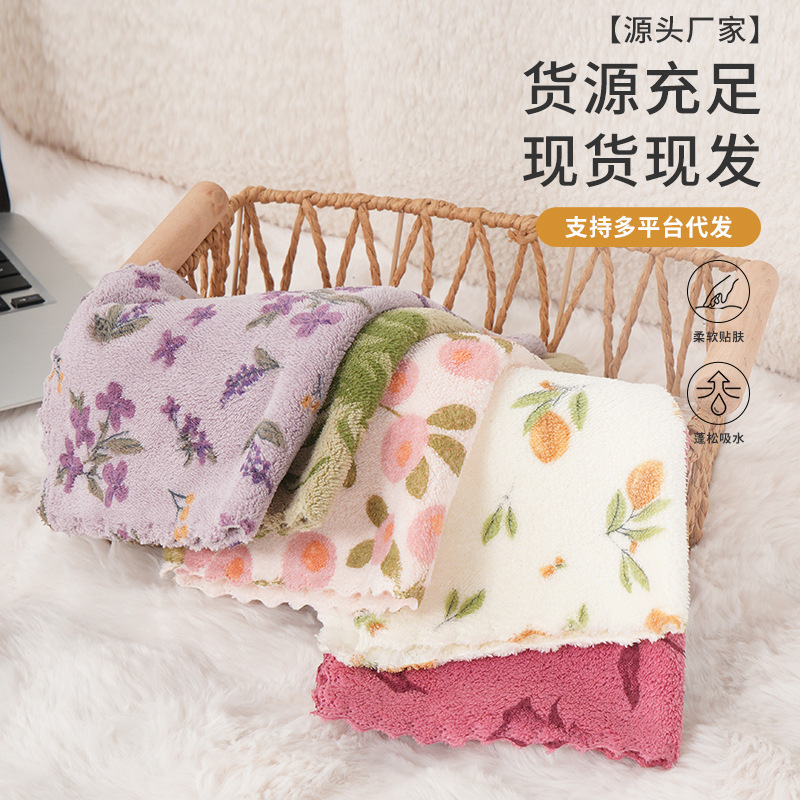 Coral Velvet Printed Square Towel Wholesale Kitchen Bathroom Soft Hand Towel Absorbent Cleaning Cloth Household Children's Small Towel