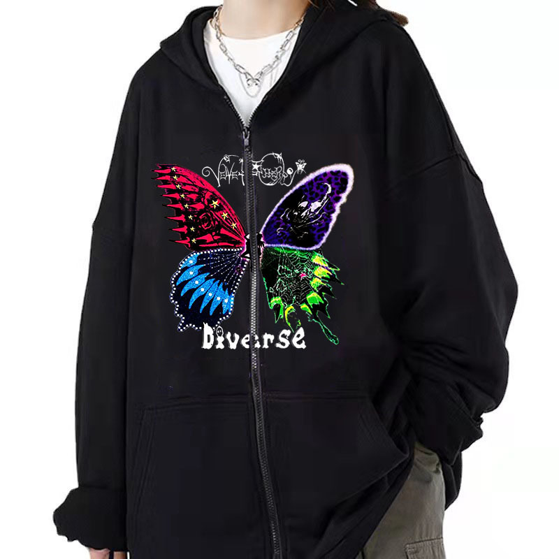 2022 Amazon Gothic aesthetic zipper sweater women's street fashion loose hoodie casual beautiful coat