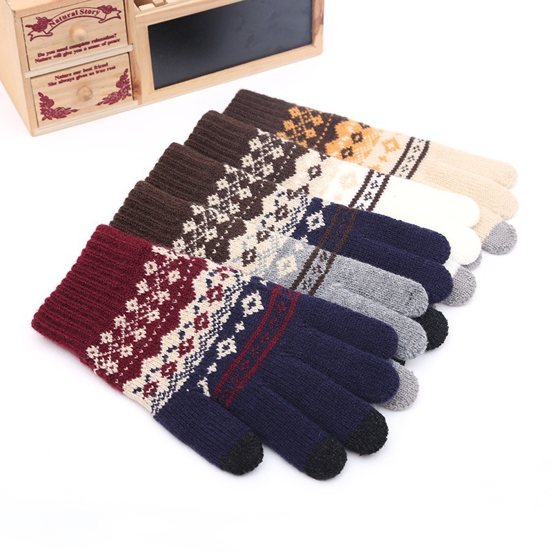 Autumn Winter Adult Warm Women's Jacquard Knitted Toucreen Yarn And Veet Anti Cold Finger Gloves_voghion.com
