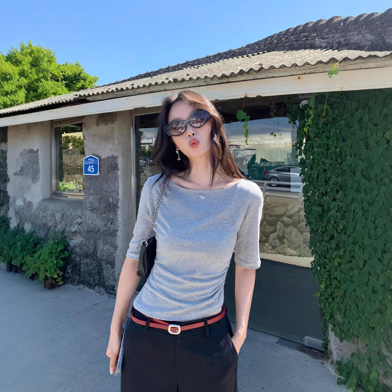 Pusumede Paper Man Tee Boat Neck Mid-Sleeve T-Shirt for Women with Design Pleats Slim Fit Half-Sleeve Knitted Top Pusumede Paper Man Tee Boat Neck Mid-Sleeve T-Shirt for Women with Design Pleats Slim Fit Half-Sleeve Knitted Top