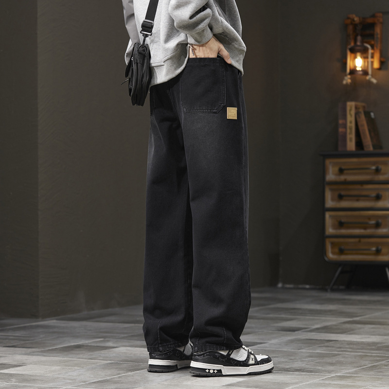 Otoño e invierno nuevos pantalones vaqueros retro de los hombres de la cintura elástica de encaje Pantalones rectos sueltos de los hombres de la calle versátil pantalones de pierna ancha