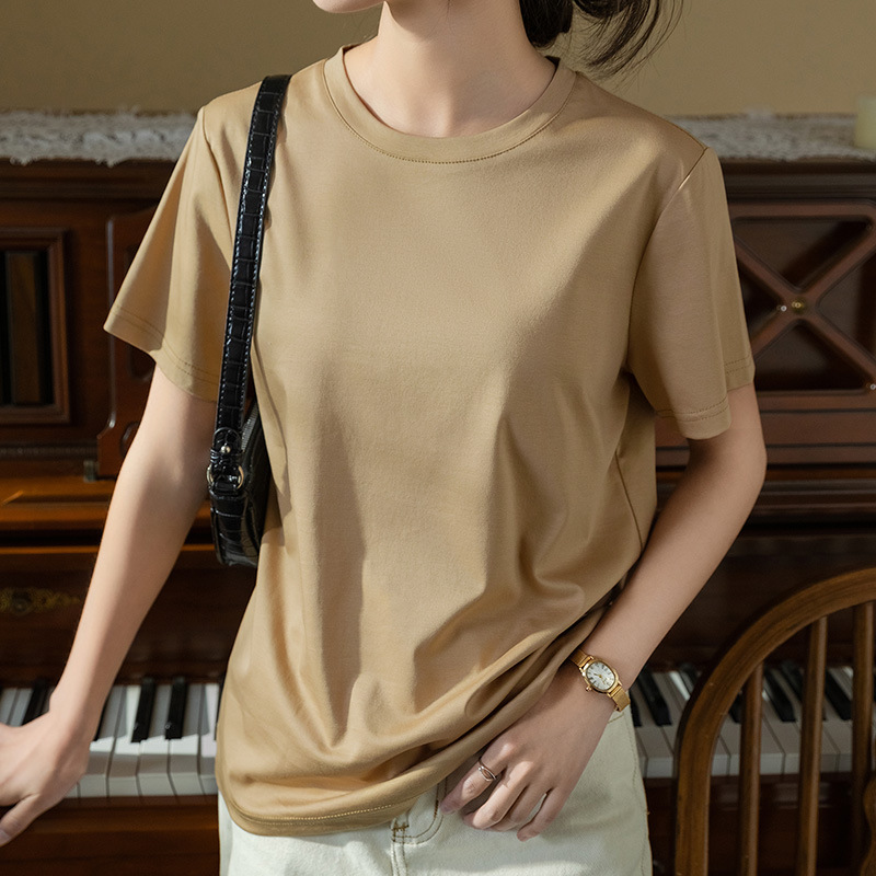 2023 nueva Camiseta de algodón con cuello redondo para mujer Camiseta de algodón mercerizado de hielo simple top de color sólido image 2