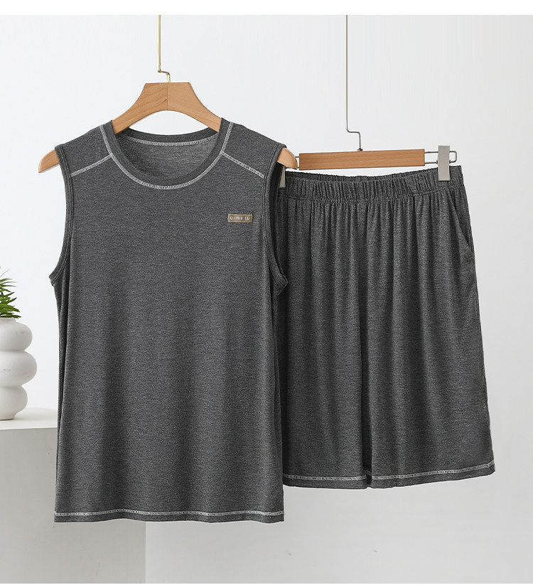 Herr modal linne set ärmlös tvådelad sommarpyjamas för män_voghion.com