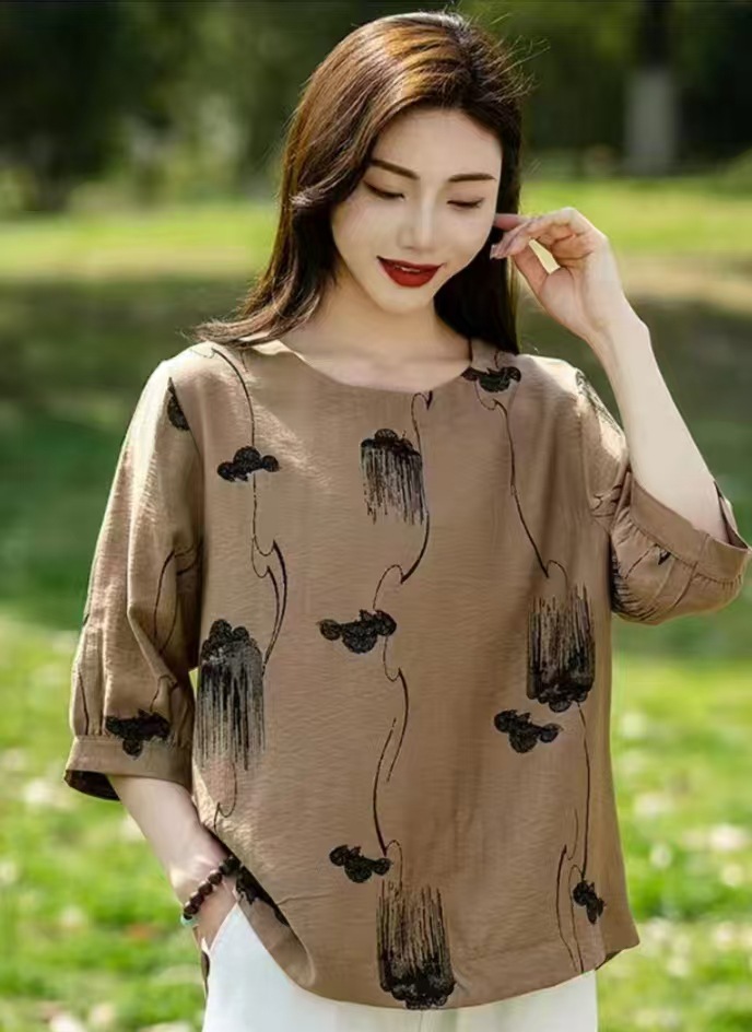 Cross-border nueva camiseta de mujer china impresa de manga media camiseta de mujer de verano camiseta de base de cuello redondo artística ocio image 8