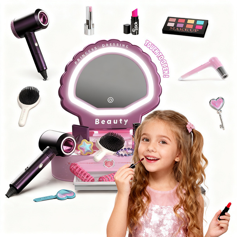 Comercio exterior para niños en el hogar juego de tocador para niñas simulación de espejo de maquillaje de inducción acústica y óptica secador de pelo juguetes