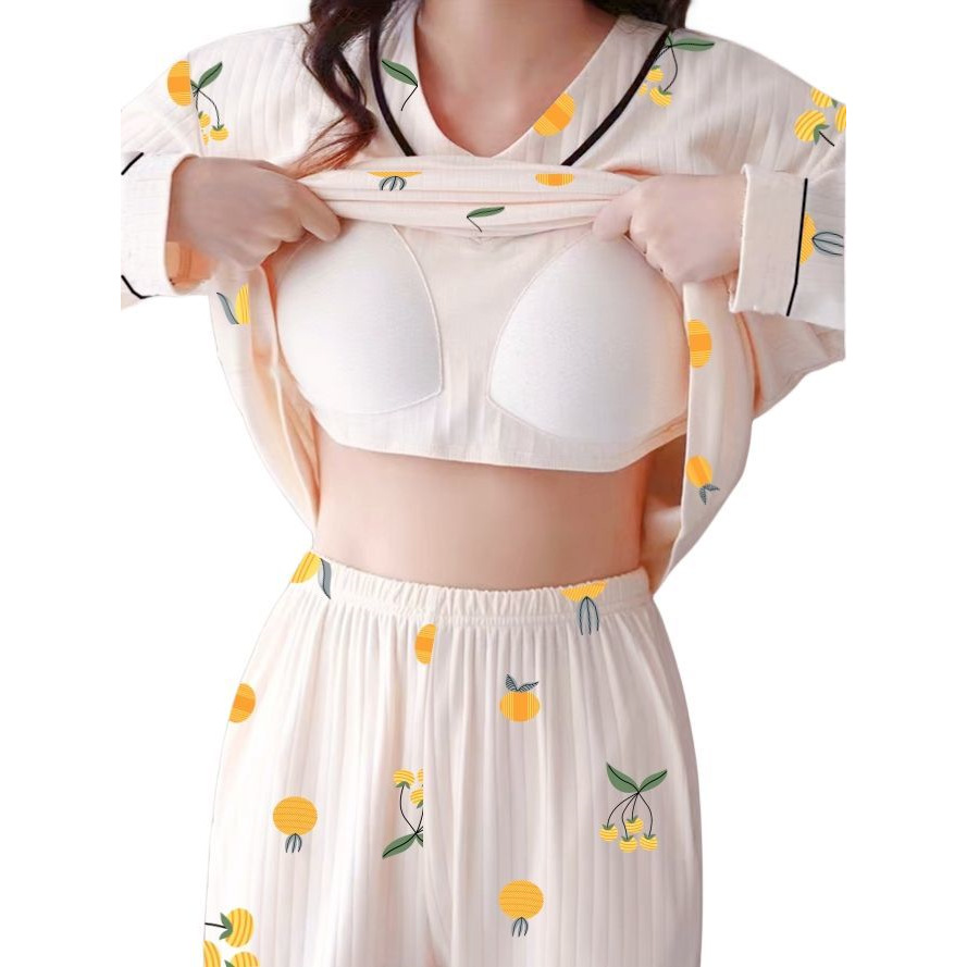 Women's Long-sleeved Pajamas with Chest Pad Spring and Autumn Bra V-neck Sports Can-go Home Clothes Set for Women in Summer