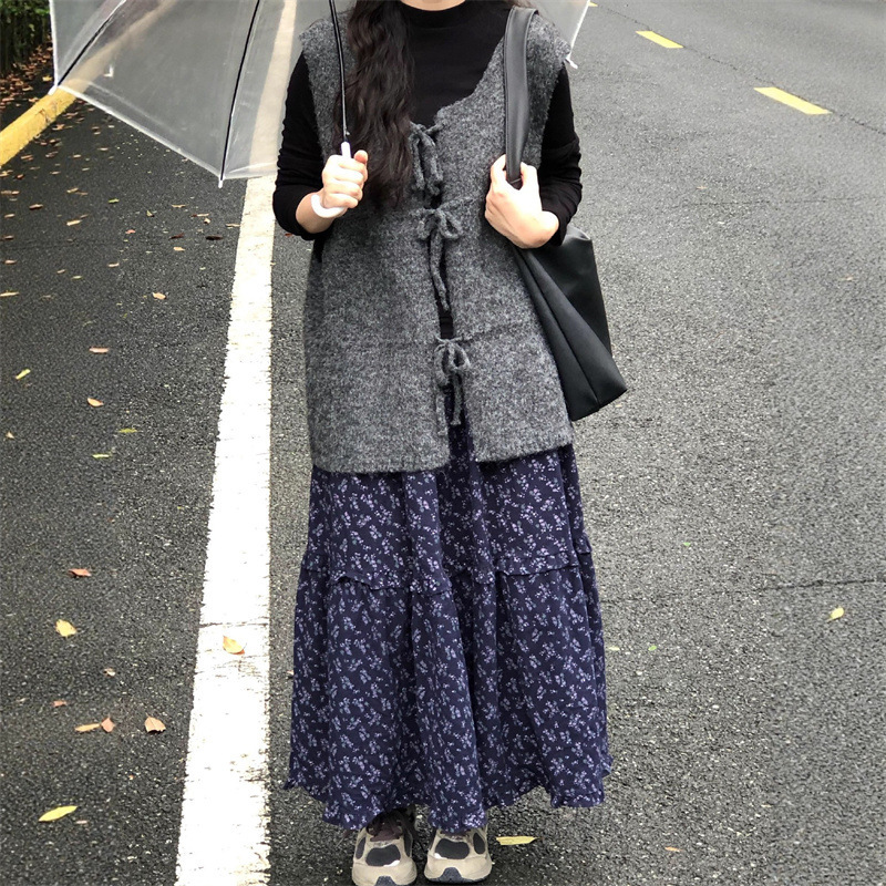 秋季清新学院风简约纯色系带针织开衫无袖坎肩马甲毛衣女百搭上衣|undefined