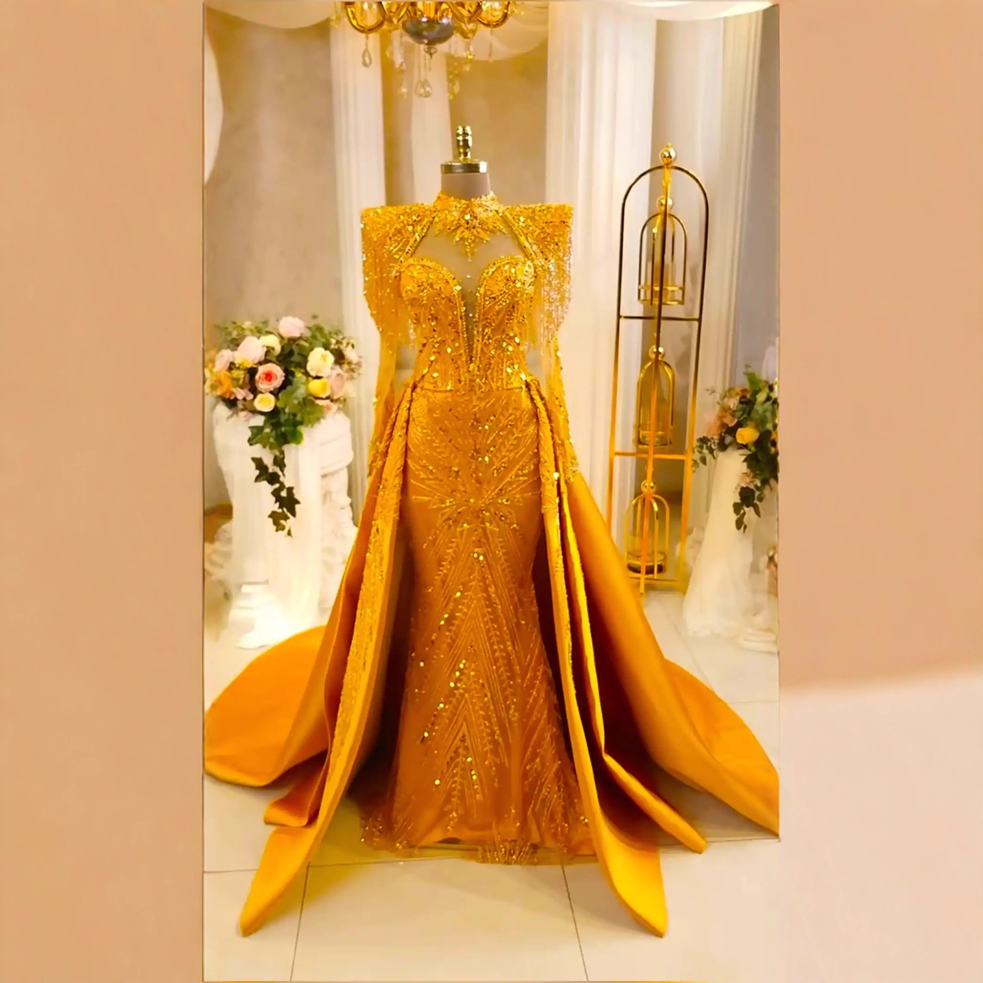 Independent Station Aliexpress Amazon New Gold Heavy Luxury Dress Banquet Evening Dress Foreign Trade Cross-Border Dance Party