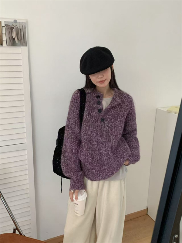韩系软糯半开领毛衣女2025新款秋冬休闲宽松慵懒花风纱针织上衣潮|undefined