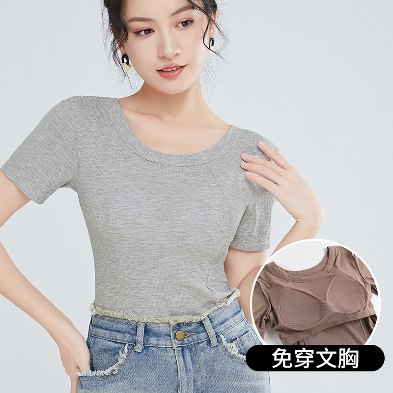 Modal women's short-sleeved T-shirt with chest pad factory wholesale summer solid color bra one-piece half-sleeve outerwear bottoming shirt