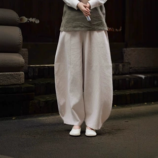 春秋季新款棉麻灯笼裤原创文艺复古休闲棉裤女裤砂洗苎麻长裤