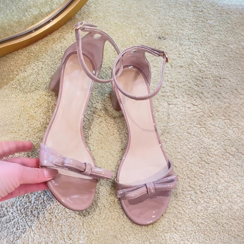 French Fairy Style Beautiful Temperament Sandals for Women with Buckle Round Toe Bow Open Toe High Heels Light Purple