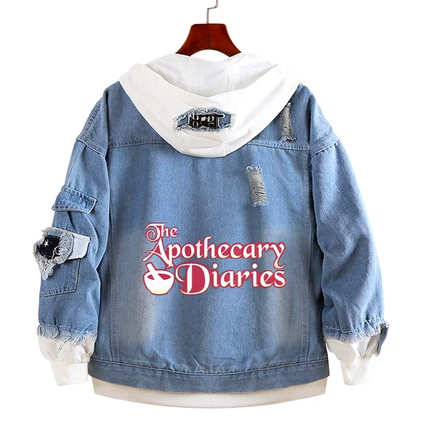 Anime-Inspired Fake Two-Piece Hooded Denim Jacket with Holes, Featuring the Whispering of the Medicine Girl