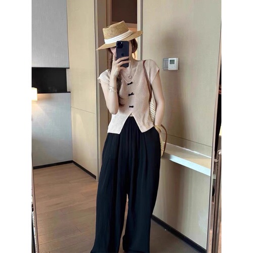 Korean V-neck bow flying sleeves knitted T-shirt women's summer slim fit niche design chic top