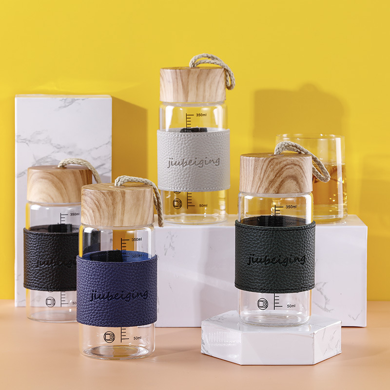 Minimalist Wood Grain Glass Cup Water Cup Portable Graduated Tea Cup Transparent Business Water Cup Advertising Gift Cup Travel Water Cup